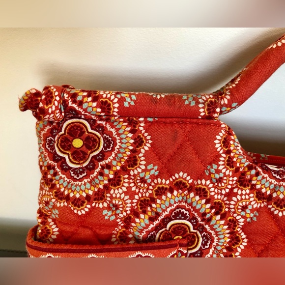 Vera Bradley quilted cotton short tote east west hand bag orange red paisley - Picture 3 of 9